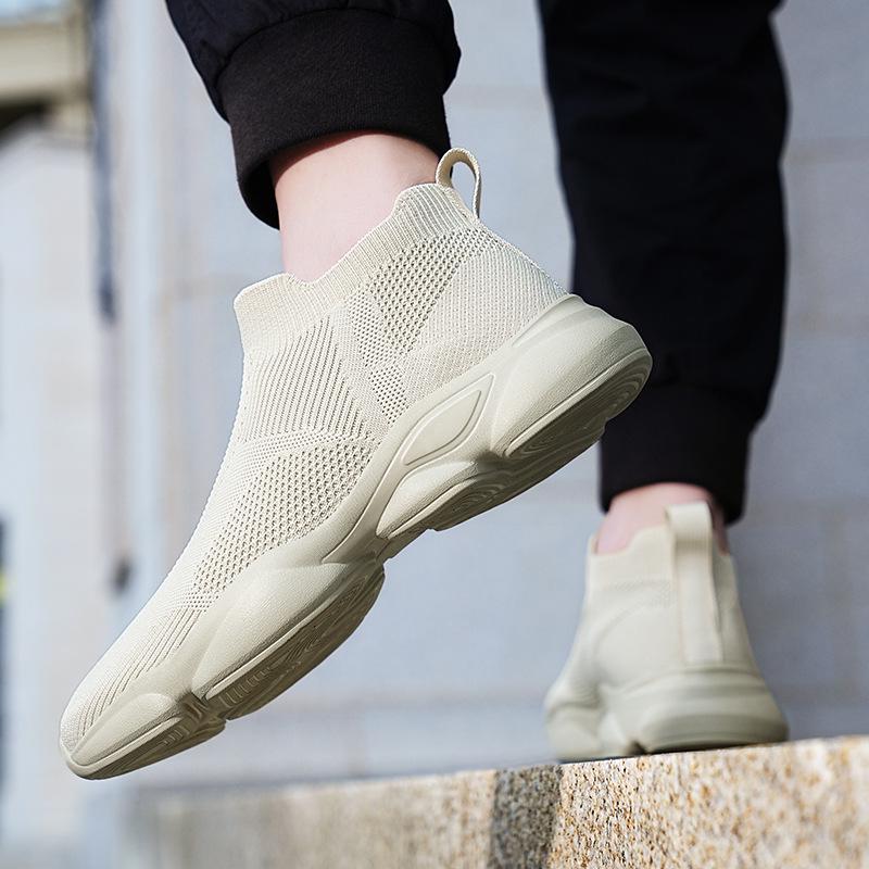 Plus-Size High-Top Stretch Sock Sneakers: Men's Slip-On Casual Flyknit Running Shoes