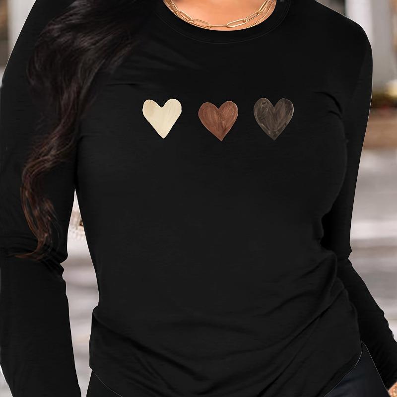 Damen Frühjahrs- und Herbstkleidung Buntes Herz Aufdruck T-Shirt Langarm Rundhals Freizeit Oberteil
