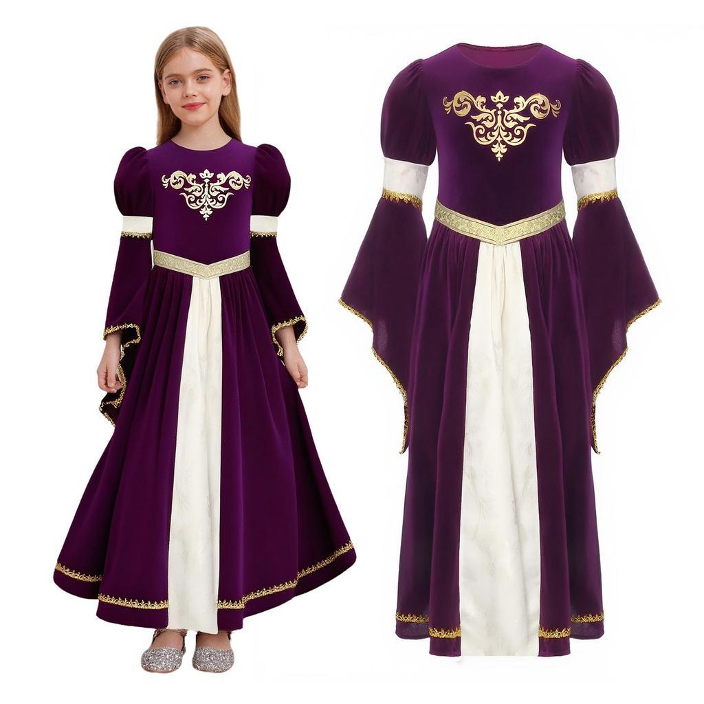 Luxury Medieval Princess Gown for Kids: Detailed Patchwork, Bell Sleeves, Gold Print & Waist Band for Renaissance Theme Event