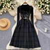 Fall Winter Women Sweater Dress Set Casual Knitted Pullover Tops + Plaid Tweed Dress 2 Piece Outfits Female With Belt