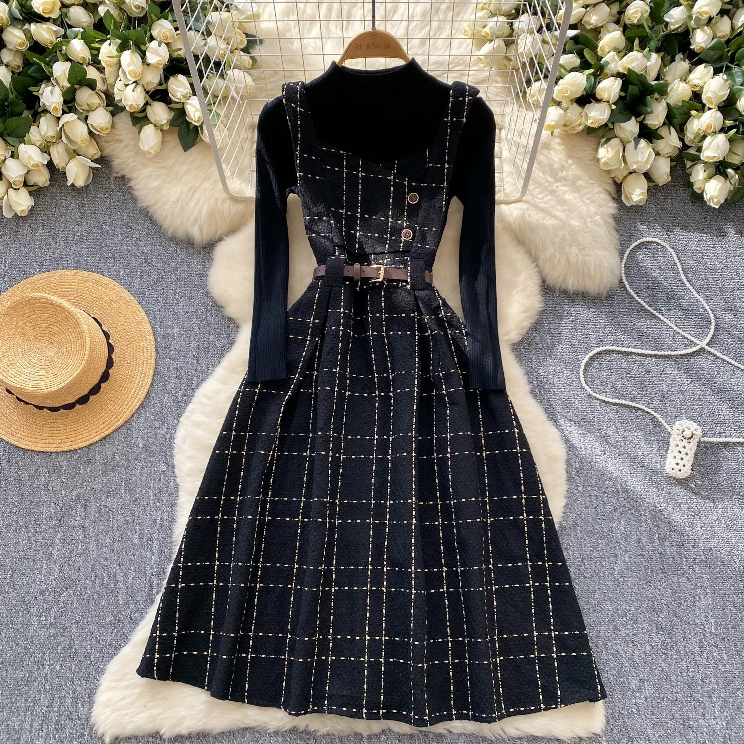 

Осенне-зимний женский комплект свитер-платье, повседневный вязаный пуловер, топы + клетчатое твидовое платье, наряды из 2 предметов, женский с поясом S чёрный