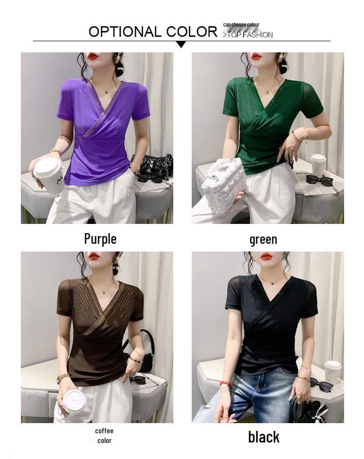 European Spring/Summer 2023 V-neck Mesh T-shirt with Rhinestone Cutout: Women's Fashionable Slimming Base Shirt