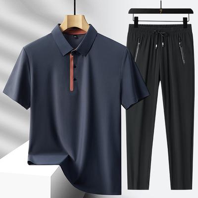Erkek Yaz Ipeksi Yaka POLO Gömlek Kısa Kollu Takım Elbise Gençlik Buz Ipek Pantolon Rahat Spor Iki Takım