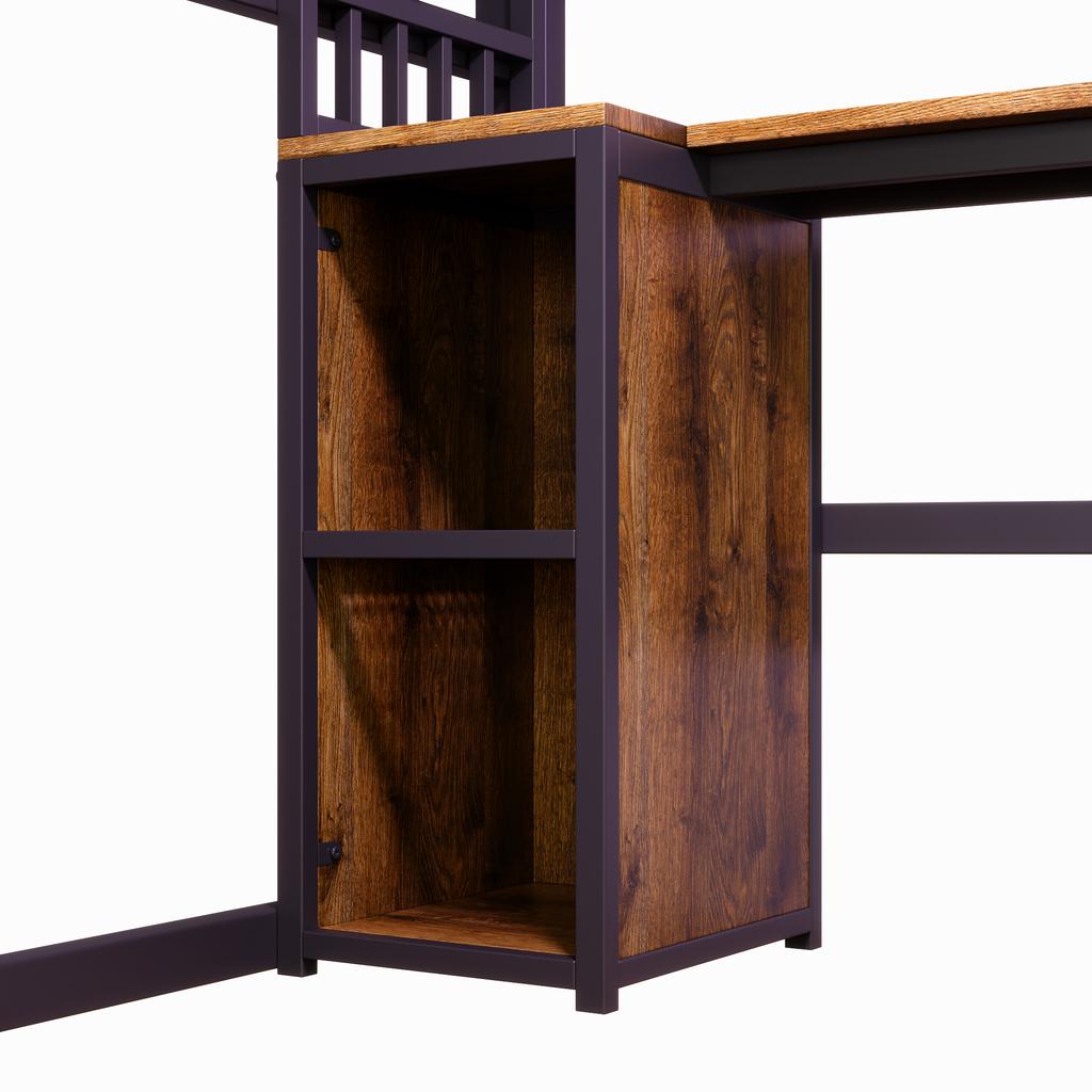 Loft Bed, 90 x 200 cm, Iron Frame, with Light Strip, Socket, Clothes Hanging Area, Desk, Storage, Shelves, Open Space, without Mattress, Black
