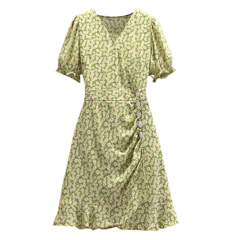 Real summer new Wizard of Oz floral dress French V-neck bubble sleeve fairy temperament skirt