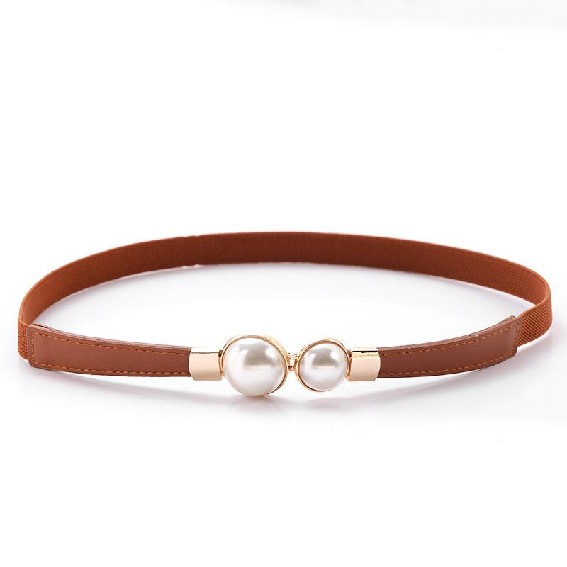 

Pearl Buckle Belt Pu Leather Dress Skirt Waist Elastic Thin Women Belts Ladies Waistband Accessories one size