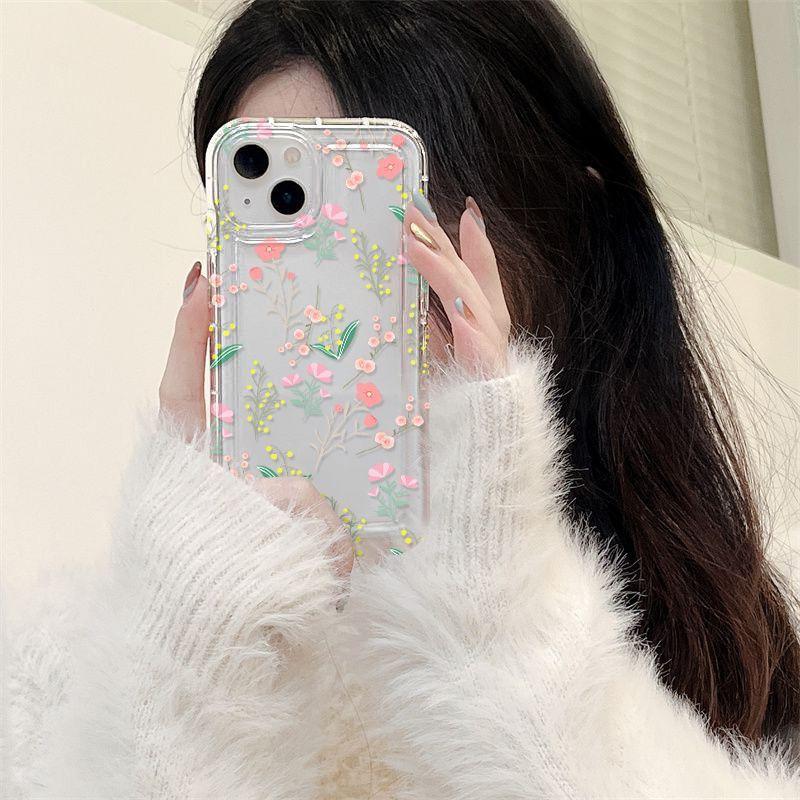 Simple pink flower iPhone15promax mobile phone case Apple 14 transparent 13/12 fine hole anti-drop 11