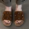 Retro flower rhinestone open-toed cool slippers for women's outerwear 2025 summer new suede thick-soled versatile sandals