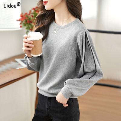 Round Neck Solid Color Simplicity Pullovers Loose Sports Bottoming Blouses Women's Clothing Autumn Winter Office Lady Tops