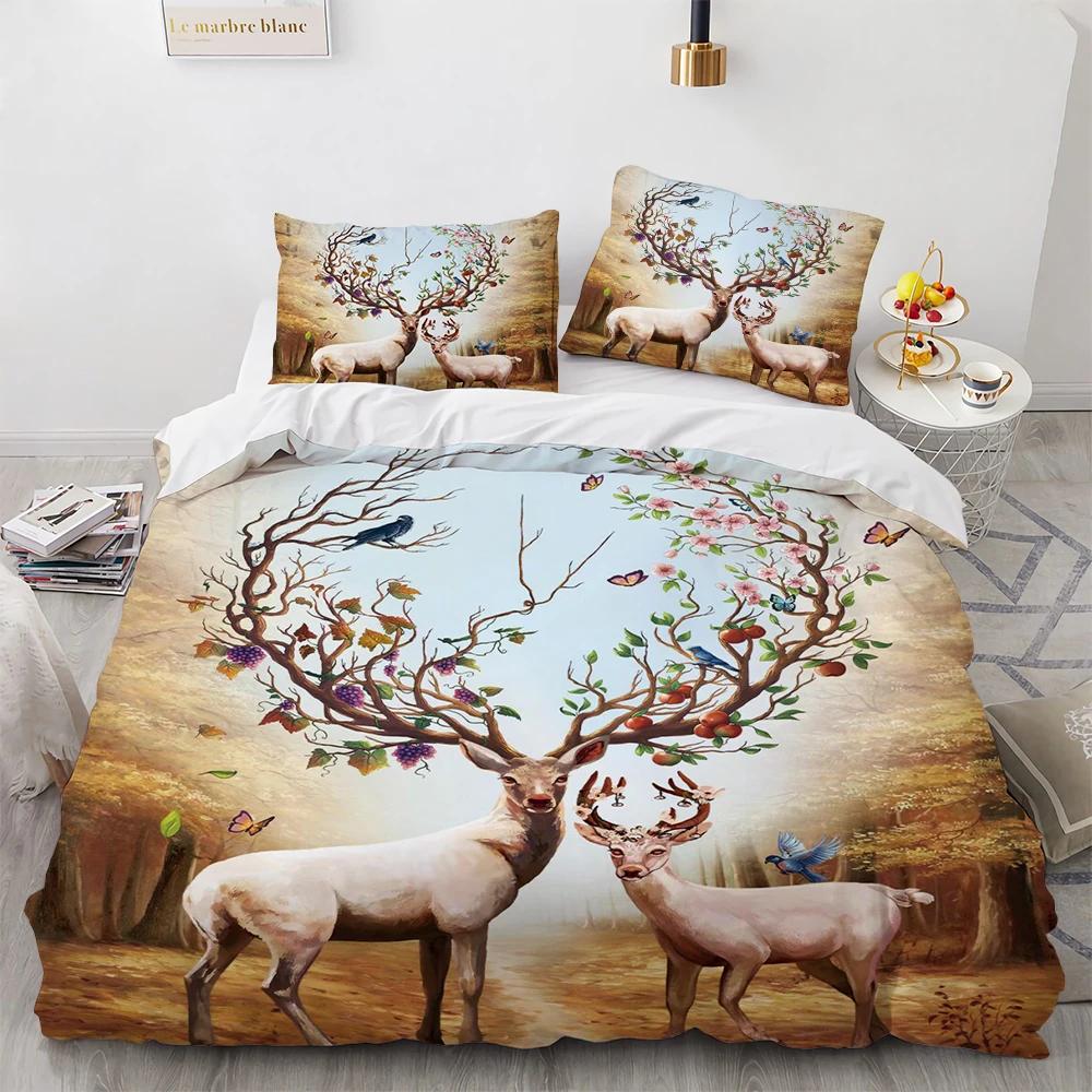 Cartoon Elk Duvet Cover King Queen Size Golden Deer Pattern Bedding Set for Teens Adults Wild Buck Quilt Cover with Pillowcase