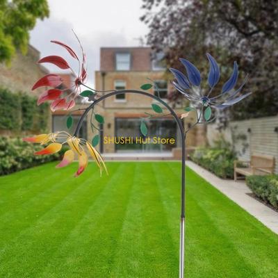 Large Metal Wind Spinner with Three Spinning Flowers Butterflies Windmill Decor D57B