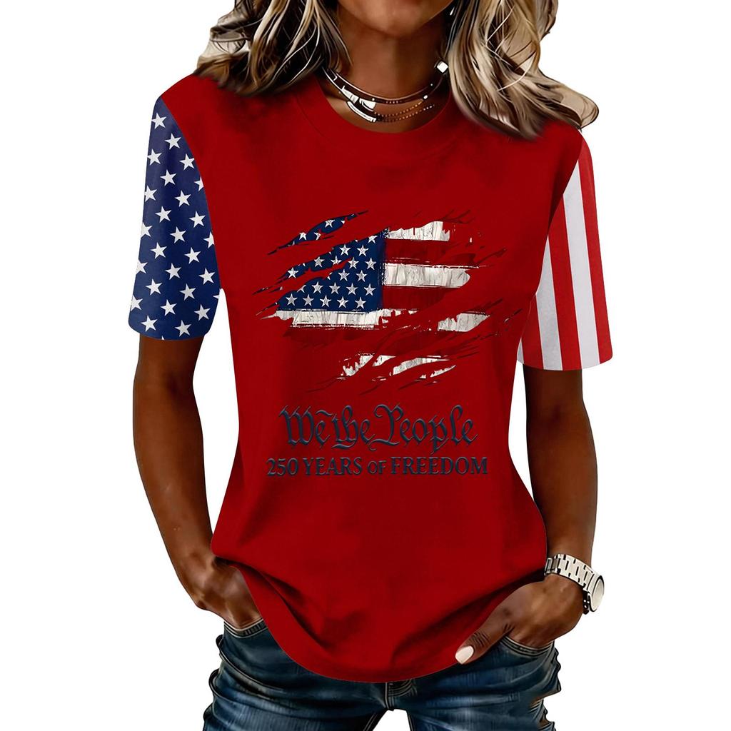 Blusa Feminina da Moda Casual de Manga Curta com Estampa e Gola Redonda