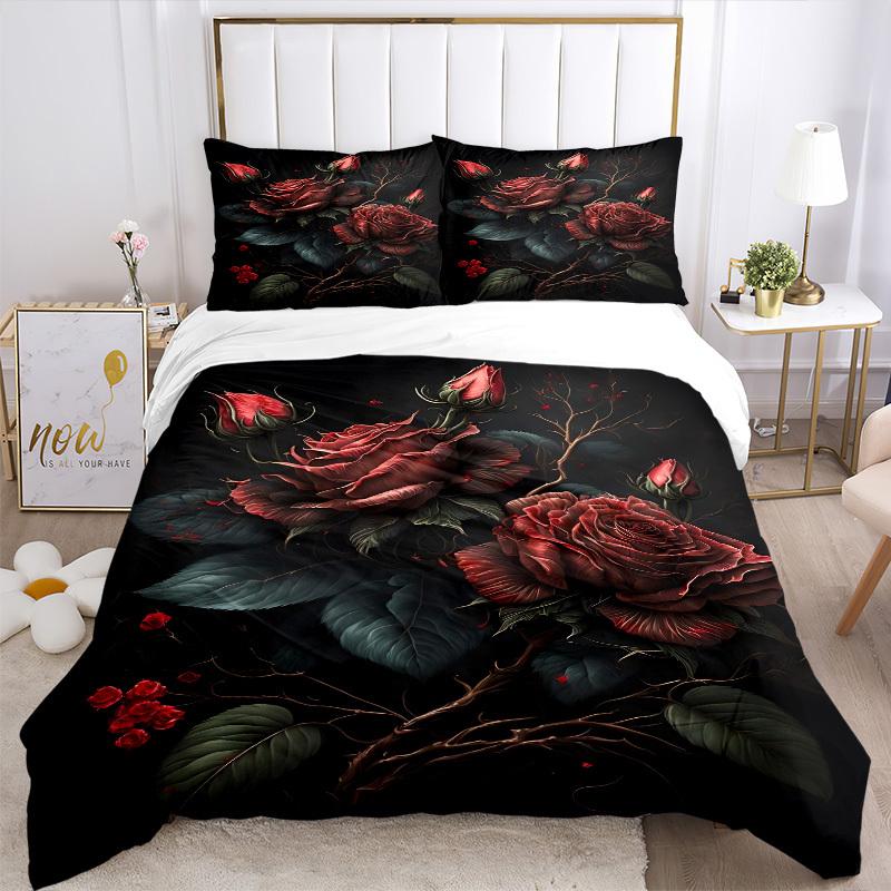3 Stück Rosen, Dunkles Blumenmuster Bettwäsche-Set, Bezug für Schlafzimmer Gästezimmer (1 Bettbezug + 2 Kissenbezüge, ohne Steppdecke), yy250922226