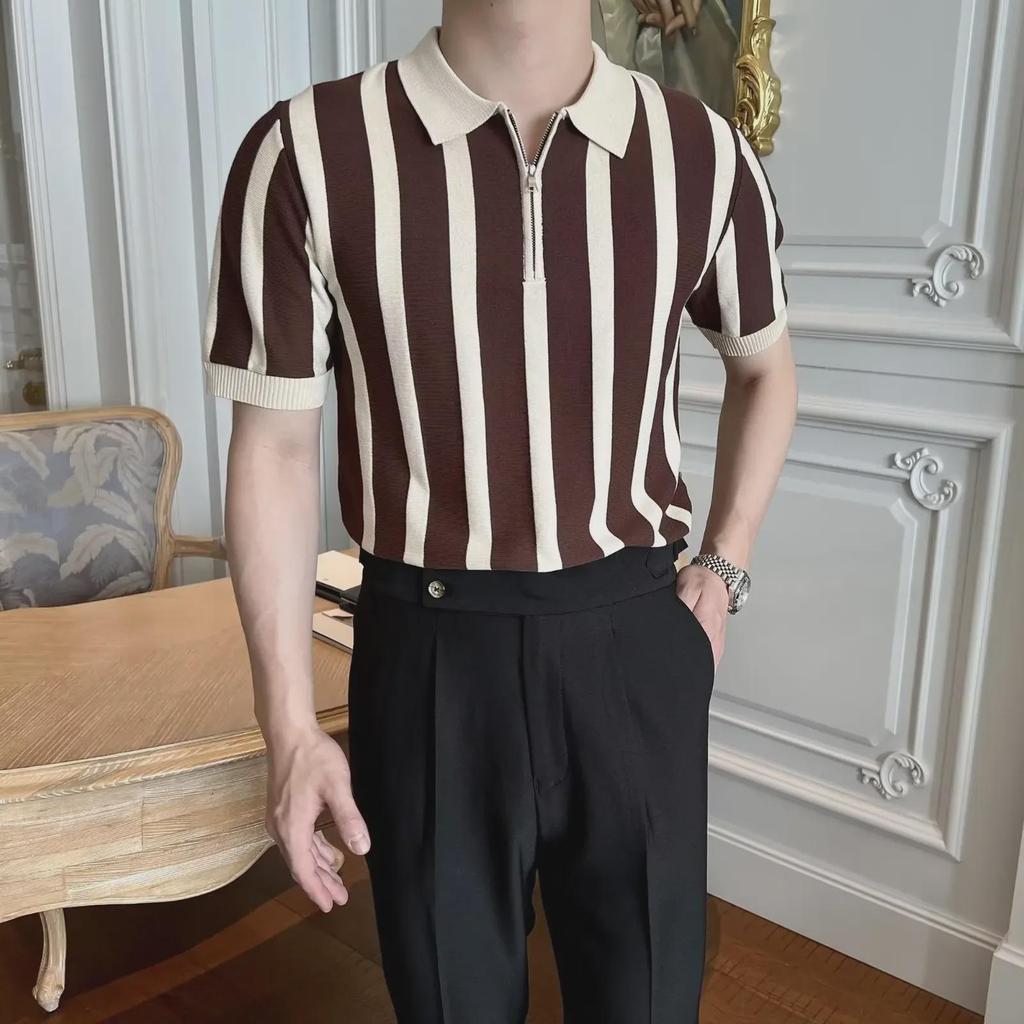 Men's Summer Striped Slim Fit Ice Silk Polo Shirt