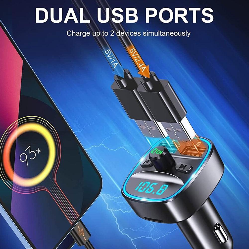 Car Adapter Bluetooth 5.0 Wireless 2 USB Port Charging Hand-free Call Blue LED Light Fast Charging FM Transmitter Car Accessory