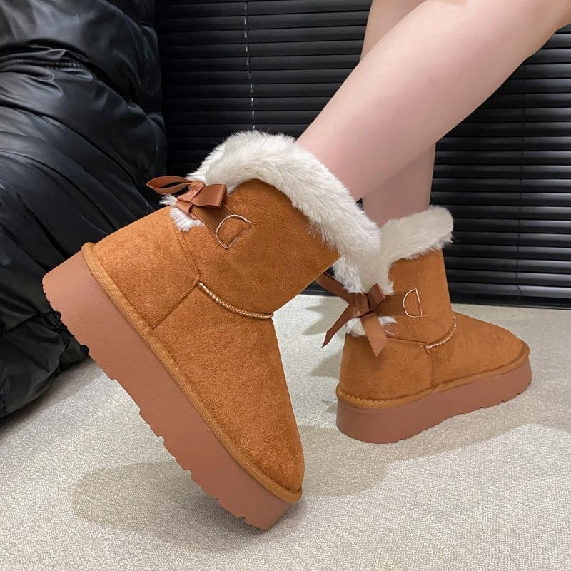 Winter New Cotton Boots Women's Round Toe Suede Plush Bow Platform Snow Boots