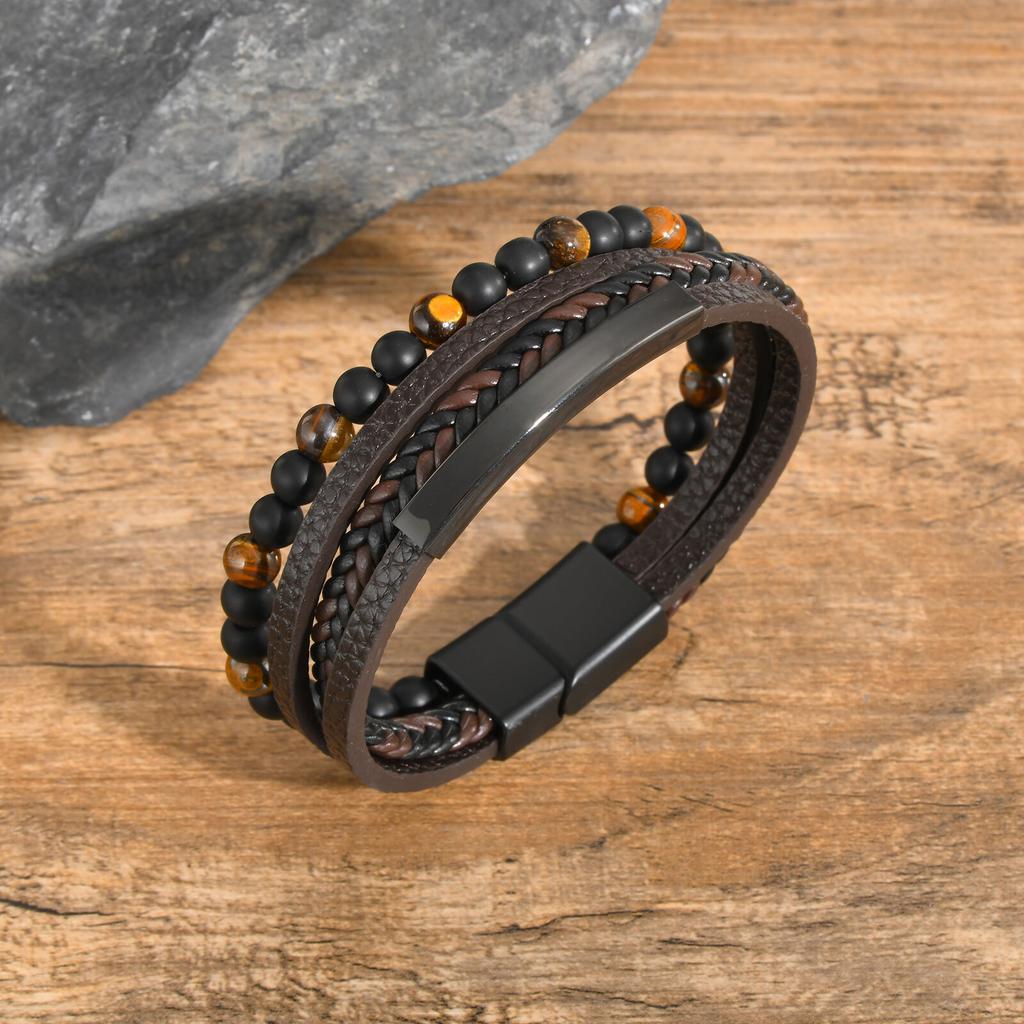 Xiaomi Vnox Black PU Leather Bracelets with Tiger Eyes Beads, Stainless Steel Bangle Wristband, Gift to Dad Husband Boyfriend