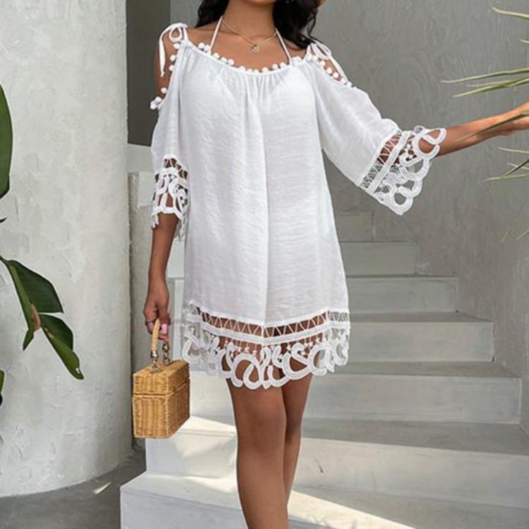 Sexy Lace Crochet Backless Mini Dress Summer Beach Vacation Lady Garment Above Knee Length Sunscreen