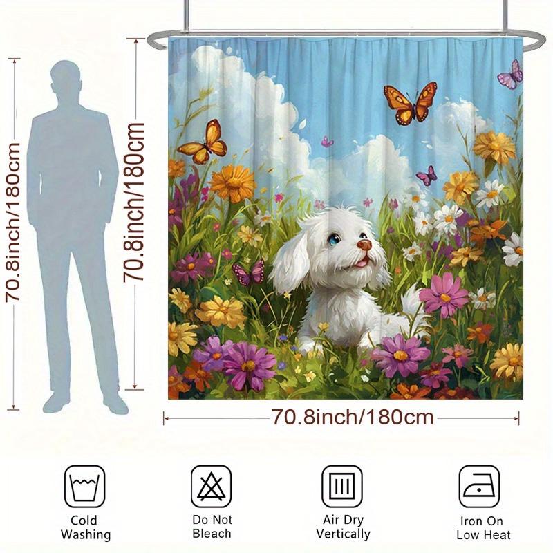 Fluffy White Dog Shower Curtain - Spring Scene With Flowers & Butterflies, Polyester, 12 Hooks, 70.8X70.8 Inches, Easy To Clean