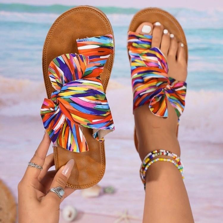 

Большие размеры, цветные полосатые тапочки на плоской подошве, женская верхняя одежда, пляжные сандалии с бантом 43
