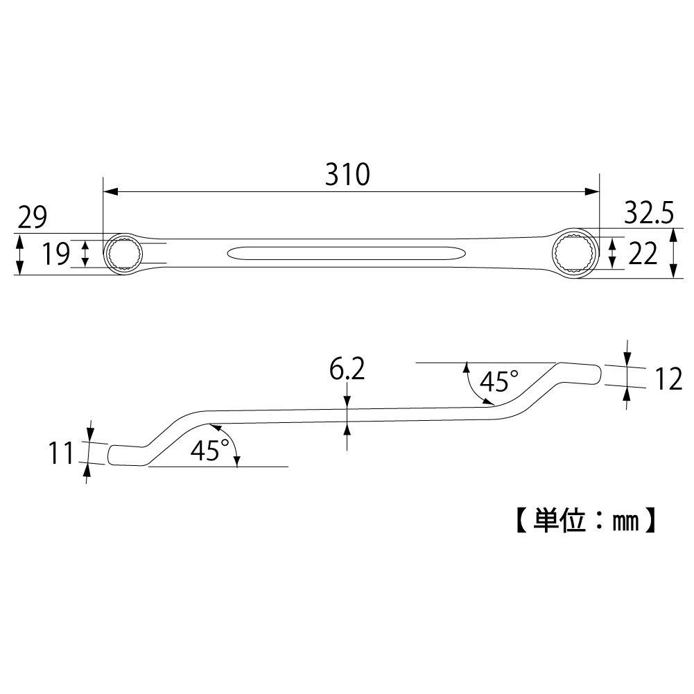 TOP Industrial Made in Japan (TOP) Double-Ended Open-End Wrench, 19x22mm, 45° Offset, Forged, TM-19x22, Tsubame-Sanjo,