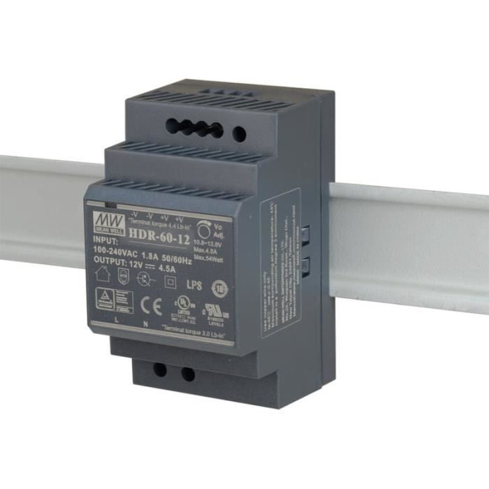 Alimentation AC-DC HDR-60-12 ultra-mince pour rail DIN 85-264VAC - 12VDC à 4,5A Passe LPS MeanWell