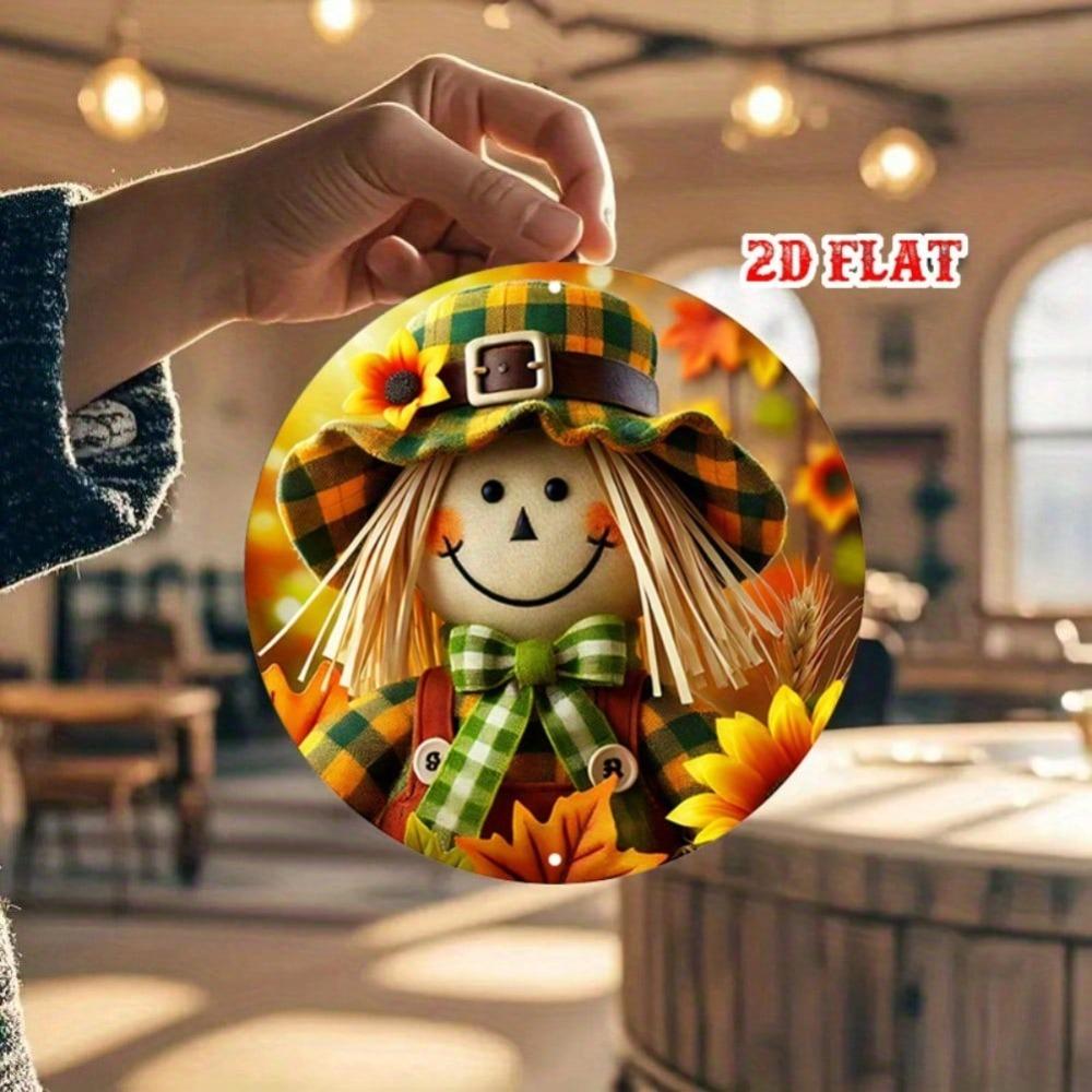 Scarecrow Metal Wall Art Rustic Farmhouse Autumn Decor with Sunflowers Plaid Hat Round Aluminum Sign Home Cafe Garage Thanksgiving Gift