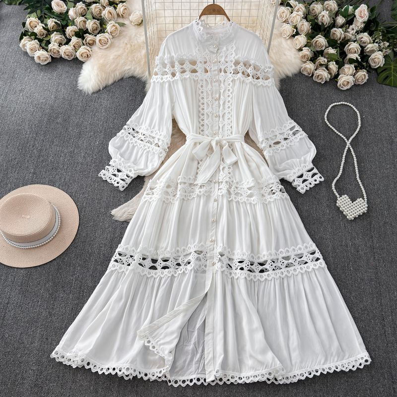 

Spring & Fall Vintage Court Style Lantern Long Sleeve Stand-up Collar Cinched Slim Looking a Word Hollow Dress Elegance Formal Dress White M