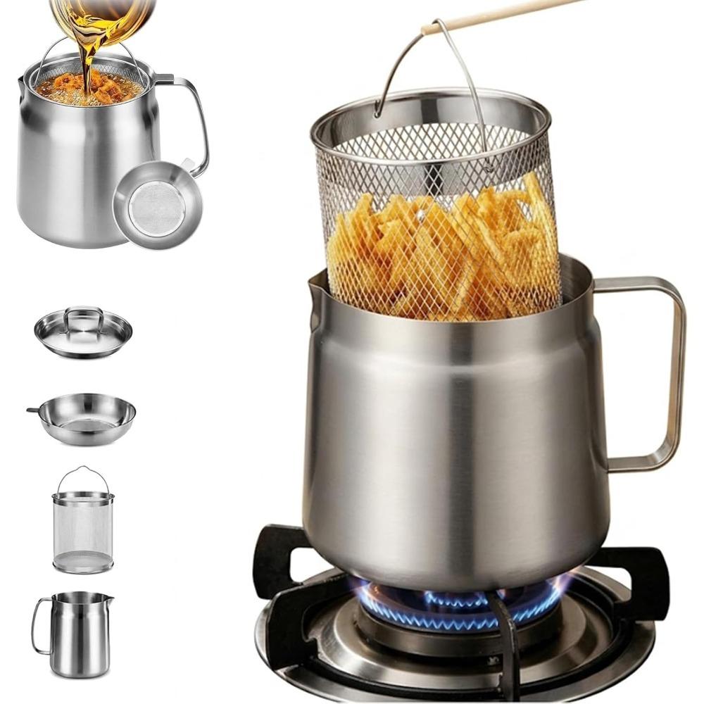 Stainless steel deep fryer with frying basket, 304 stainless steel oil filter container and filter lid.