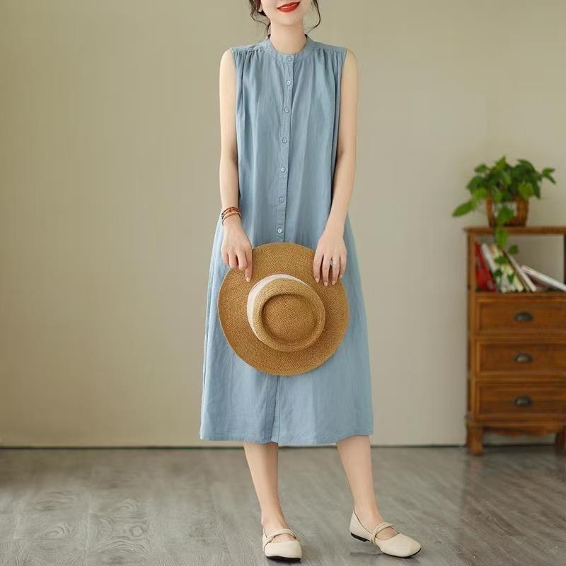 Stand Collar Linen Shirt Front Full Button Loose Flowy A Line Dress Breathable Minimalist Casual Summer Daily Elegant Oversized Mid Length Sundress
