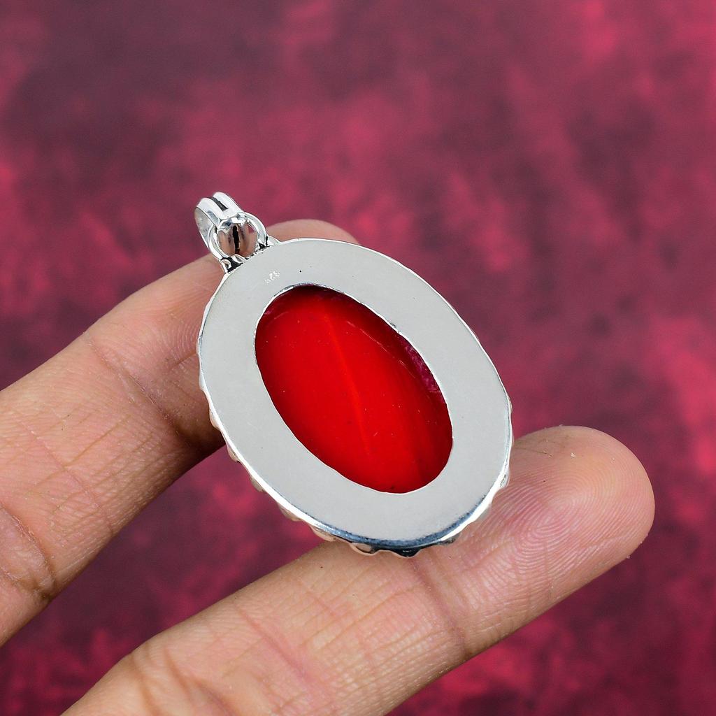 Roter Koralle Handgemachter Edelstein Anhänger, 925 Sterling Silber Anhänger Antiker Schmuck, Für Verlobungsgeschenk
