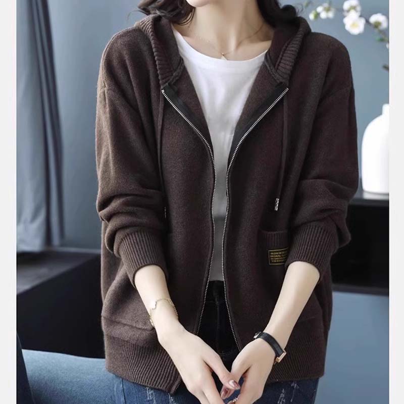 Cárdigan de Punto de Lana con Capucha de Color Sólido Otoño Mujeres Suéter de Manga Larga Holgado Cremallera Prendas de Punto Abrigo
