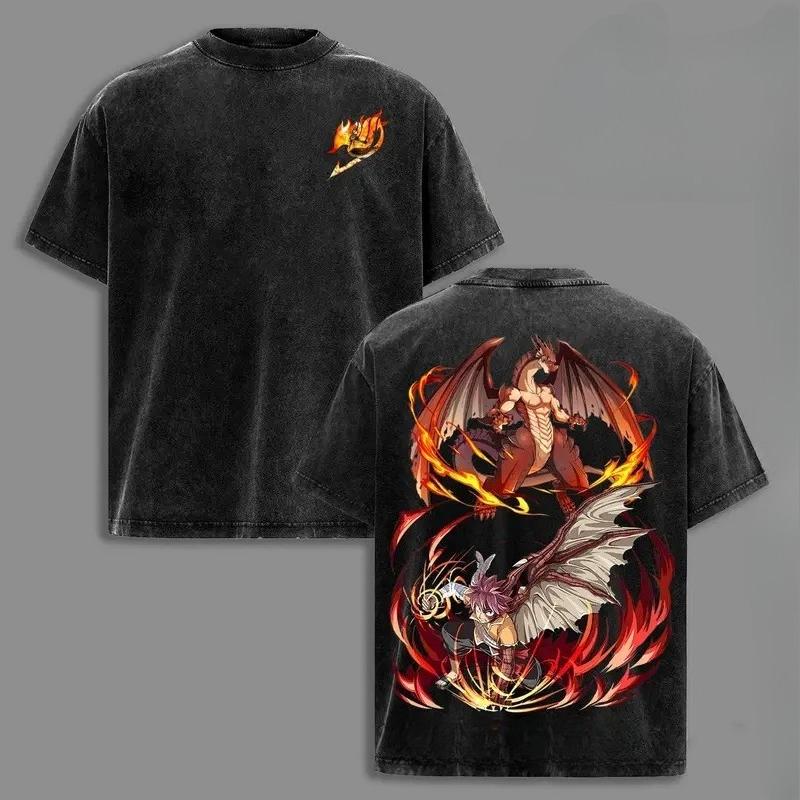 Anime Fairy Tail Natsu Washed Tshirt Anime Tshirt Oversized Year round clothing Unisex Streetwear Yk Short Sleeves Couples