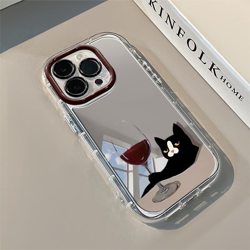 Fashionable Red Wine Cat Mirror Phone Case For iPhone 17 Pro Max Cases 7 8 15 14 16 Plus 13 12 11 Pro X XS XR 16E 17 Air Cover