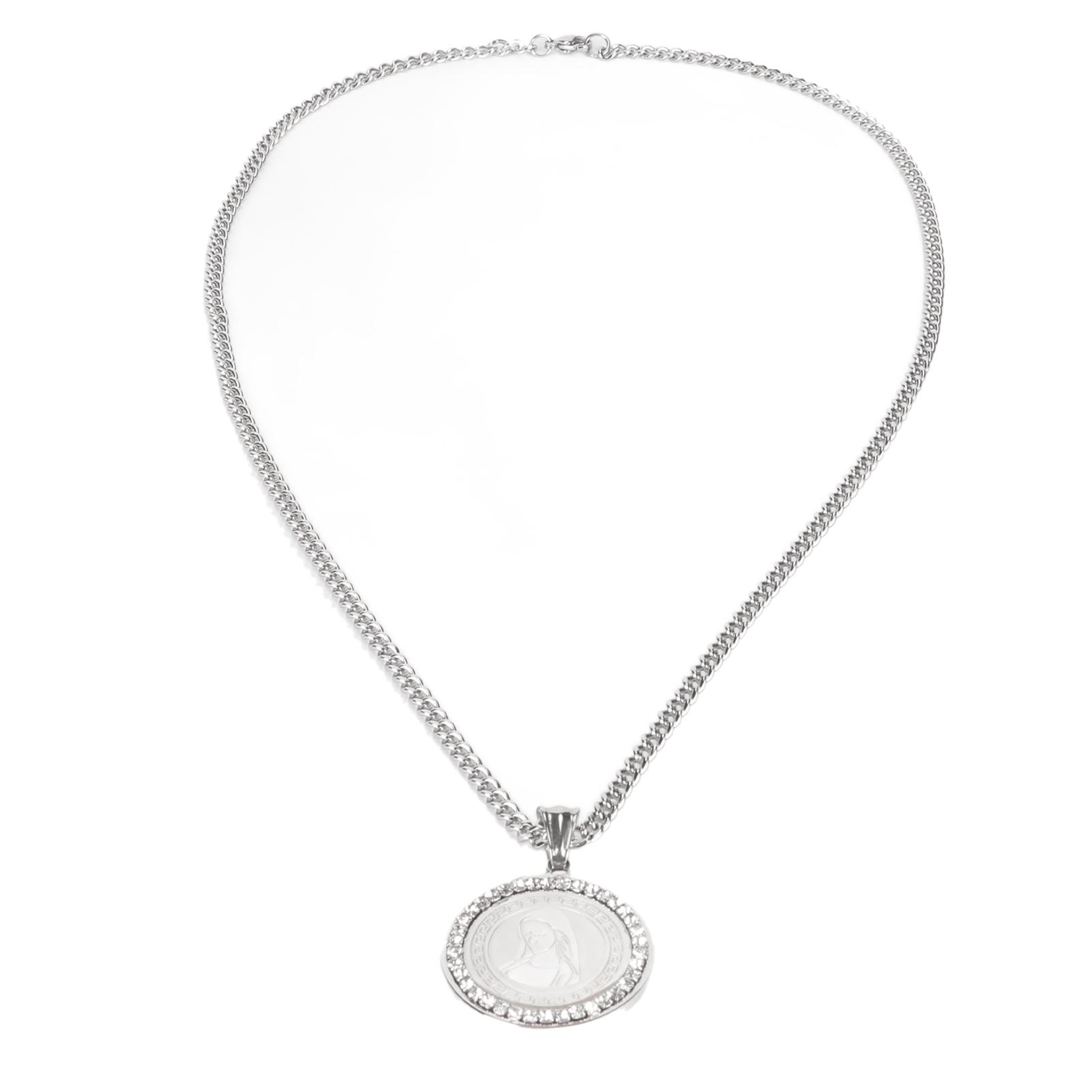 

Круглая гравированная подвеска-ожерелье для мужчин и женщин, модное ожерелье с подвеской из нержавеющей стали и стразов, стального цвета