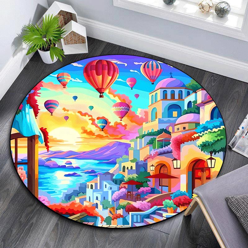 

1pc Soft, Absorbent & Non Slip Hot Air Balloon Town Round Rug Soft Circle Rug for Living Room & Bedroom Decor, Chair Mats, and Unforgettable 80cm by 80cm