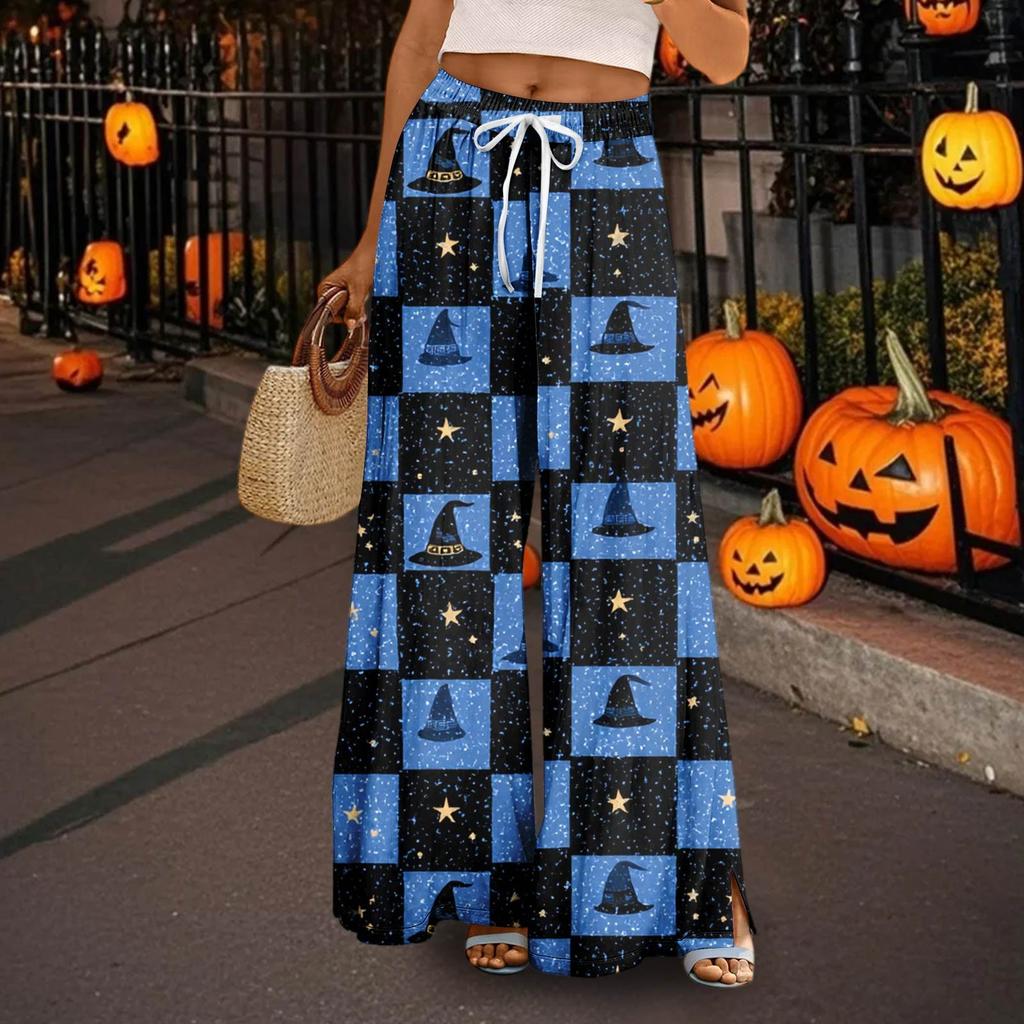 Women's Casual Wide Leg Pants Stretch Belt Pocket  Print Adjustable Tie Pants