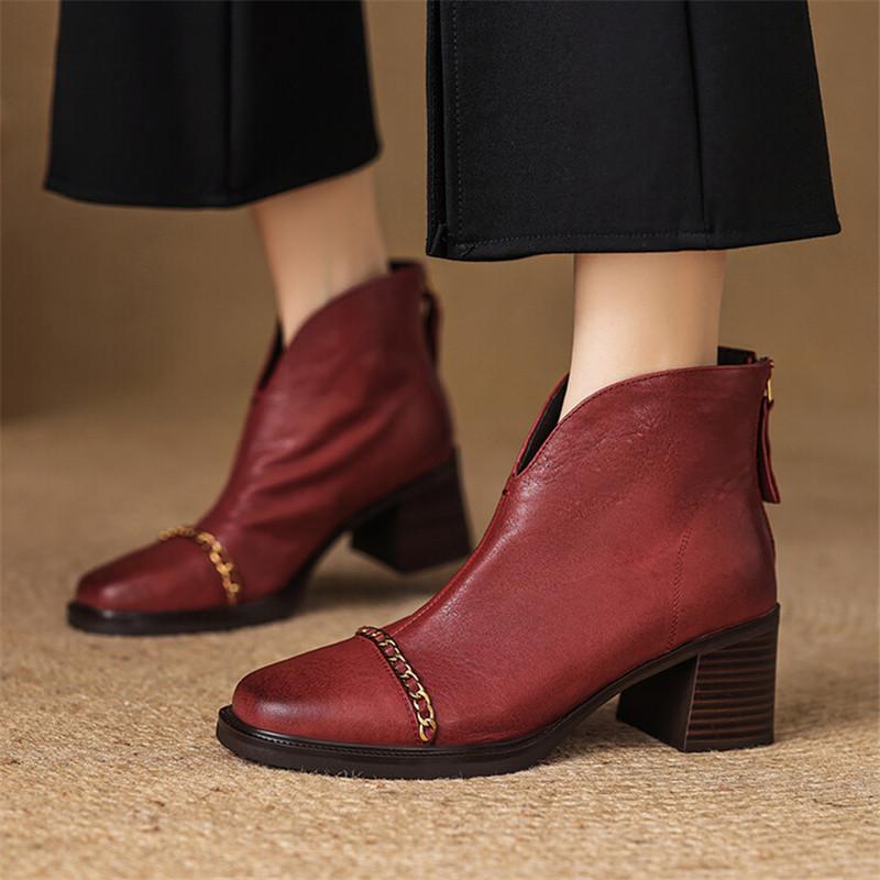Fashion New Autumn Winter Genuine Leather Women Boots Fashion Metal Chain Chelsea Boots for Women Short Boots High Heels Botines Mujer