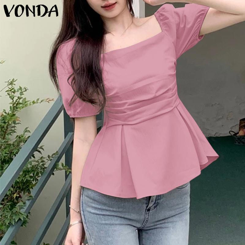 VONDA Women Square Collar Puff Sleeve Ruffled Casual Rumple Blouse