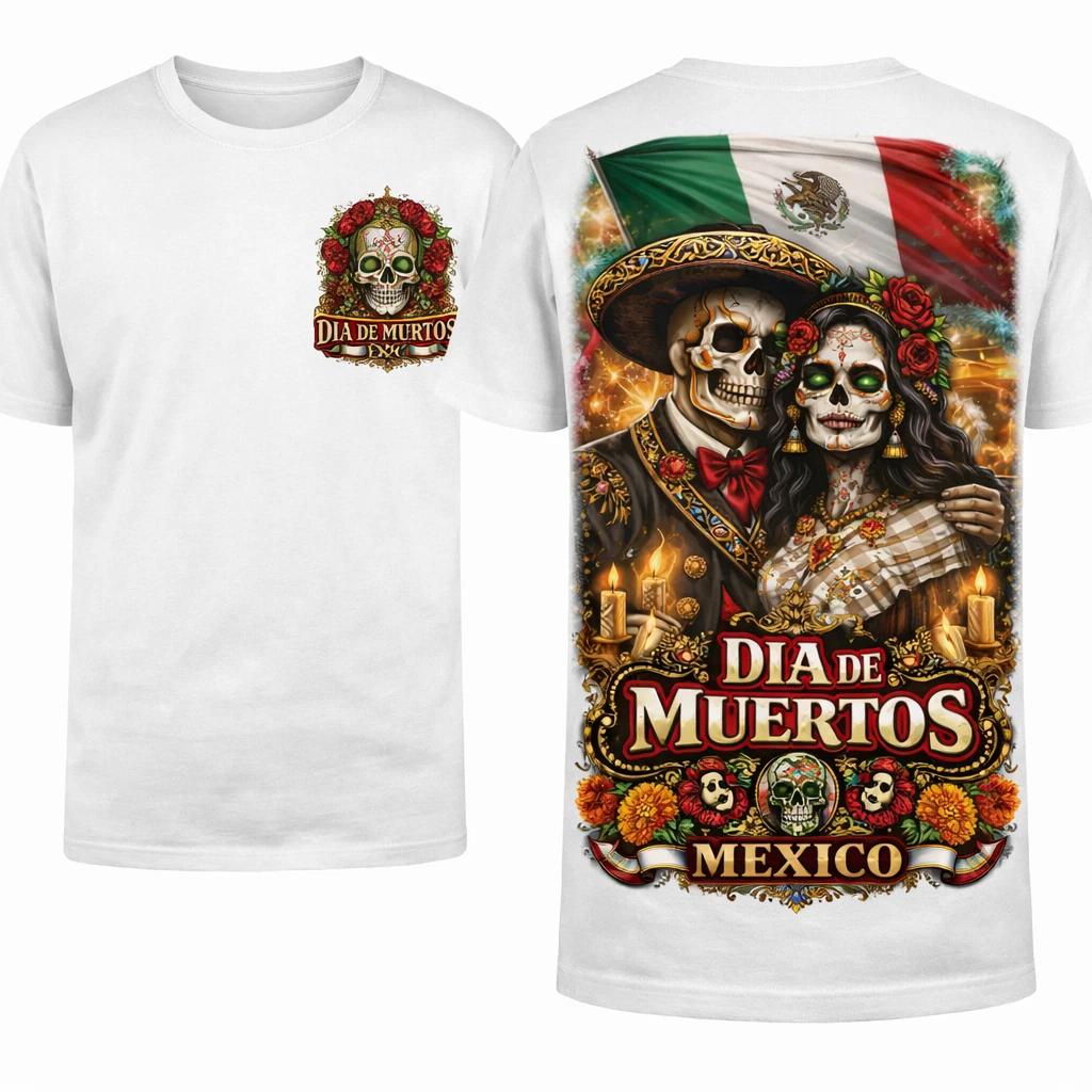 Dia De Los Muertos Mexico T-Shirt Sugar Skull Couple Mexican Flag Graphic Tee Un XL