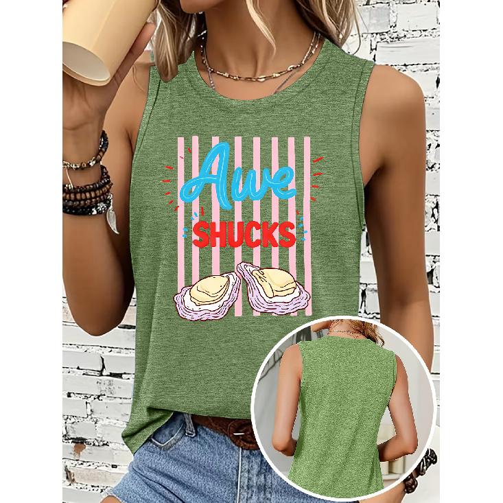 Women's Sleeveless Vest T Shirt Oyster Pink Vertical Stripe Contrast Color English Print Casual Round Neck Top Soft, Skin-friendly, Breathable,