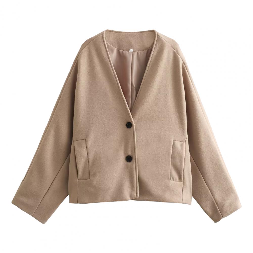 Fall Spring Female Jacket Relaxed Fit V Neck Pockets Double Button Closure Warm Relaxed Fit Woolen Coat Mid Length Shopping C Practical Use L