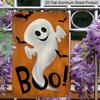 2D Flat Boo Cute Ghost Bat Orange Background Metal Sign - 8.0x12.0inch Aluminum Wall Art, Funny Halloween Front Porch Farmhouse Decor, Pre-Drilled