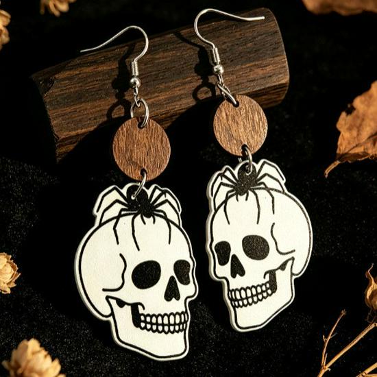 Hot Selling Retro Halloween Wooden Skull & Pumpkin Earrings