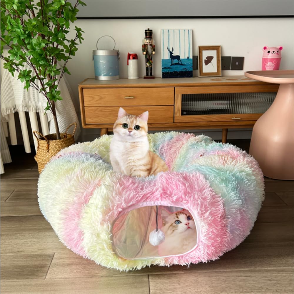 Cat Tunnel Tube Toy Kit Collapsible 2 Way Grey Plush, Pet Tunnels for Indoor Cats, Long Tubes for Puppy, Kitty, Kitten, Rabbit for Playtime &