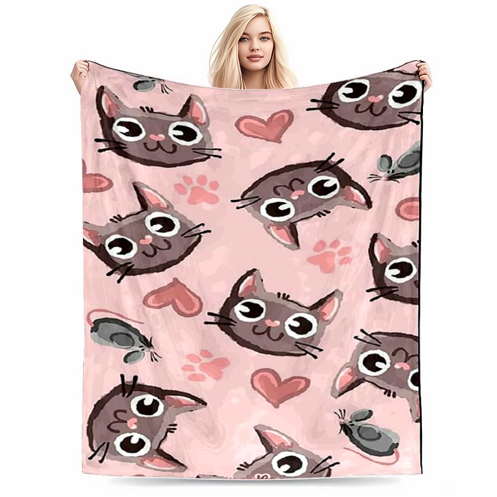 Cute Cat and Mouse Pattern Keep Warm, Pink -Flannel Blanket for Bedroom, Living Room, Sofa, and Nap