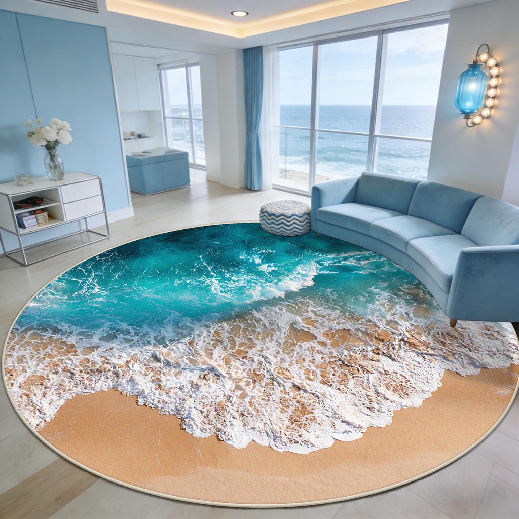 Immersive Wave Beach Round Carpet for Living Room Decoration Terrace Courtyard Antiskid Rug Easy Clean Fluffy Mat for Children
