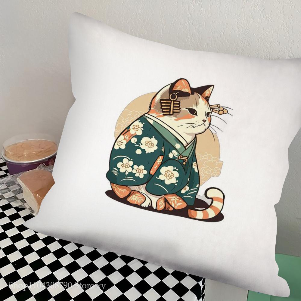 1pc Japanese Tattoo Samurai Cat Pillow Case Square Bedroom Sofa Leisure Comfort Cushion Car Living Room Home Decoration