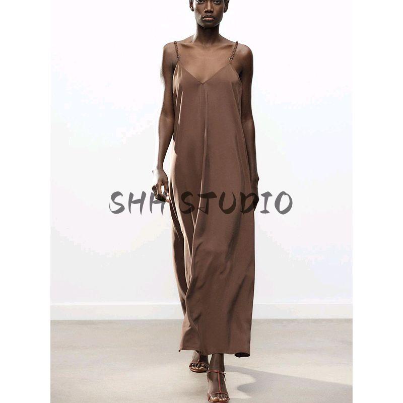 Spring and Summer New Women's Clothing French Ruched Design V Neck Loose Vertical Strap Length Dress 8372092