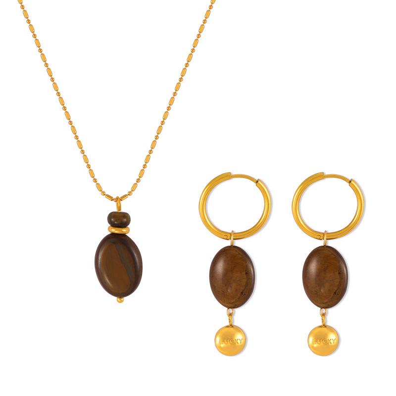 Maillard Geometric Tiger Eye Oval Pendant & Earrings Set In 18K Gold-Plated Titanium Steel